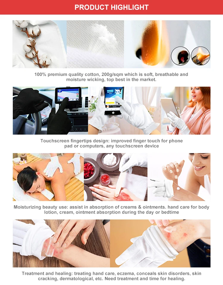 All Size Touch Screen Breathable White Cotton Spa Eczema Relief Skincare Overnight Sleeping Moisturizing Gloves For Dry Hands