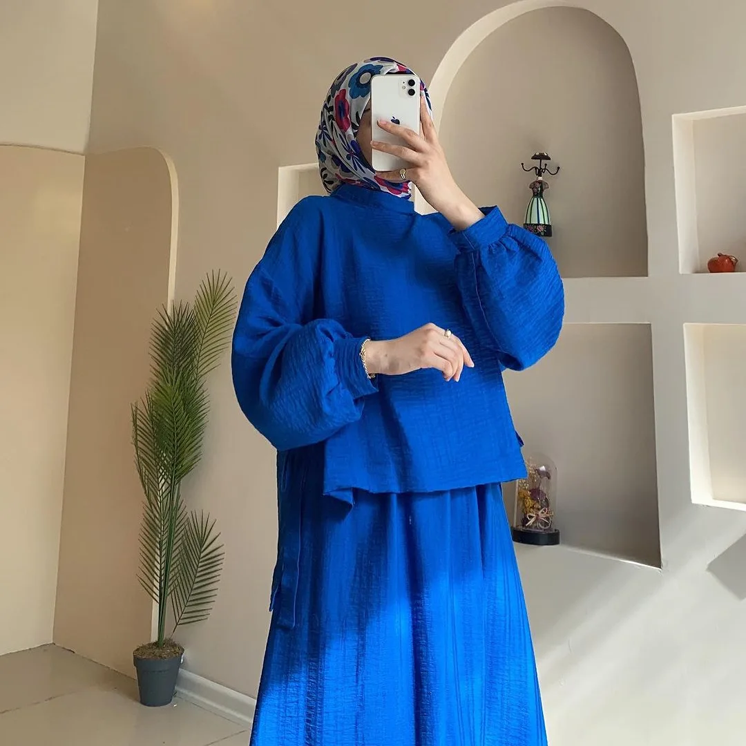new fashion long sleeved dress women clothing spring two piece sets solid color elegant women muslim dress