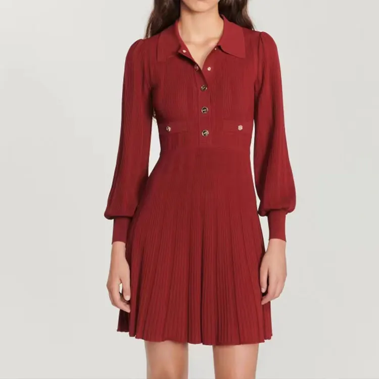 Производители трикотажных изделий под заказ воротник-поло с длинным рукавом ребристая трикотажная женская кофта плиссированное платье