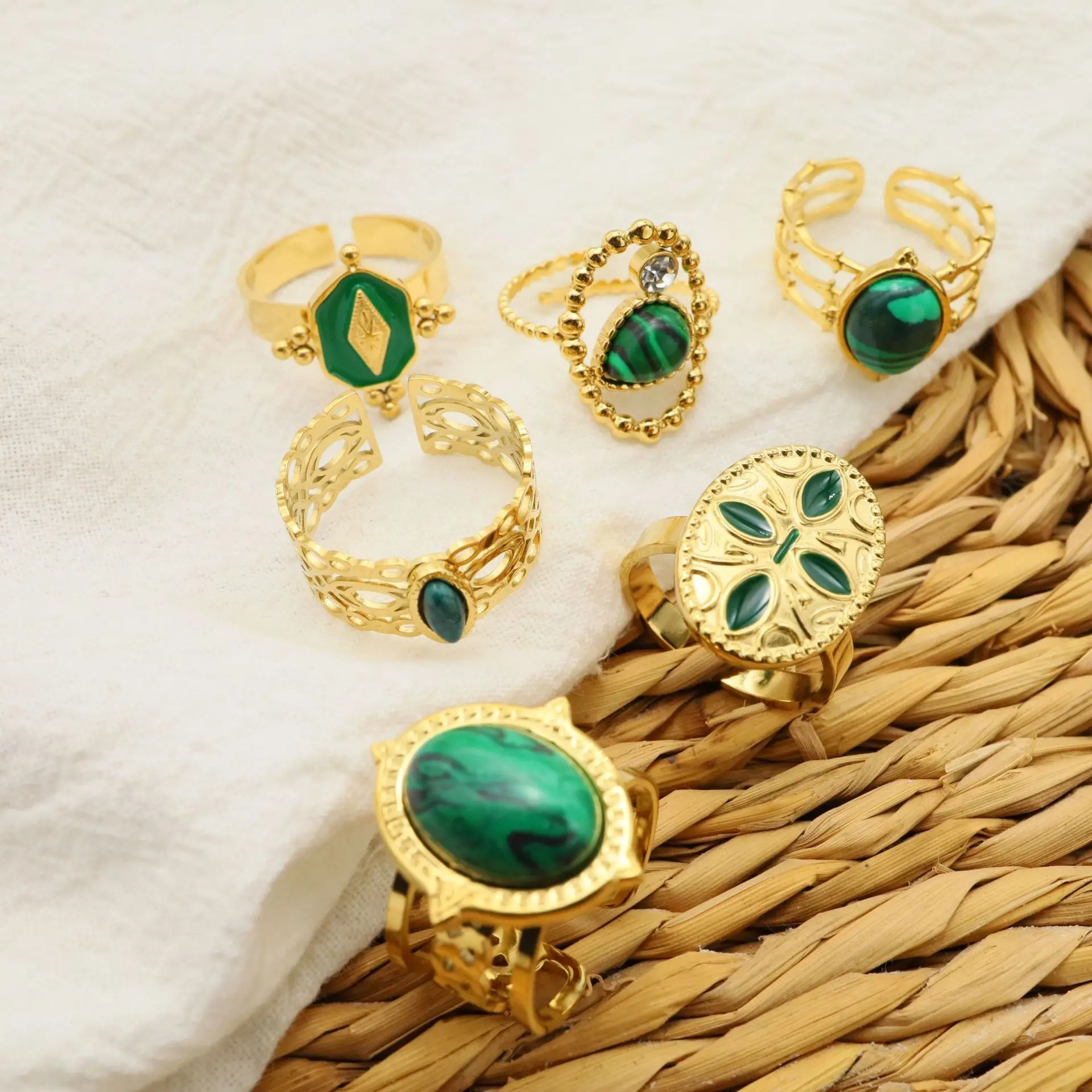 Stainless Steel Diamond Green Gemstone Vintage Adjustable Gold Finger Jewelry Hollow Turquoise Open Rings