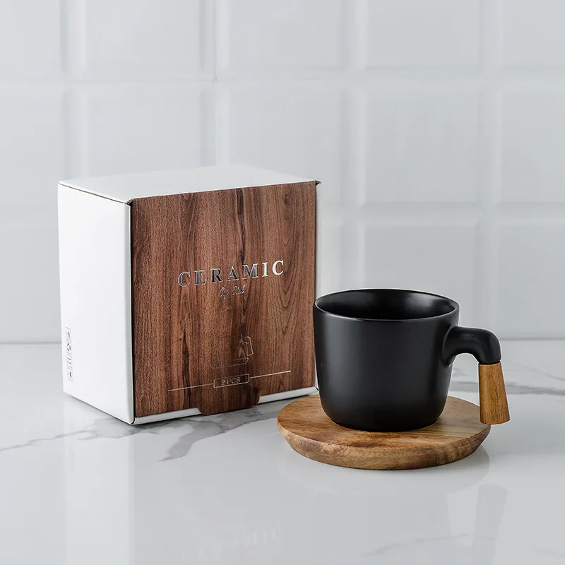 Business gift Black Mugs teapot Tea Cups With Wooden Handle Coffee Cup Gift Set ceramics tea sets