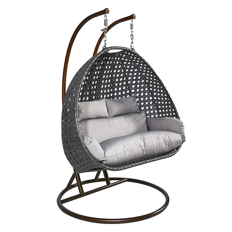 Patio Wicker Swing Chair 2 Person Egg Shape Synthetic Rattan Hanging Swing Chair With Steel Stands