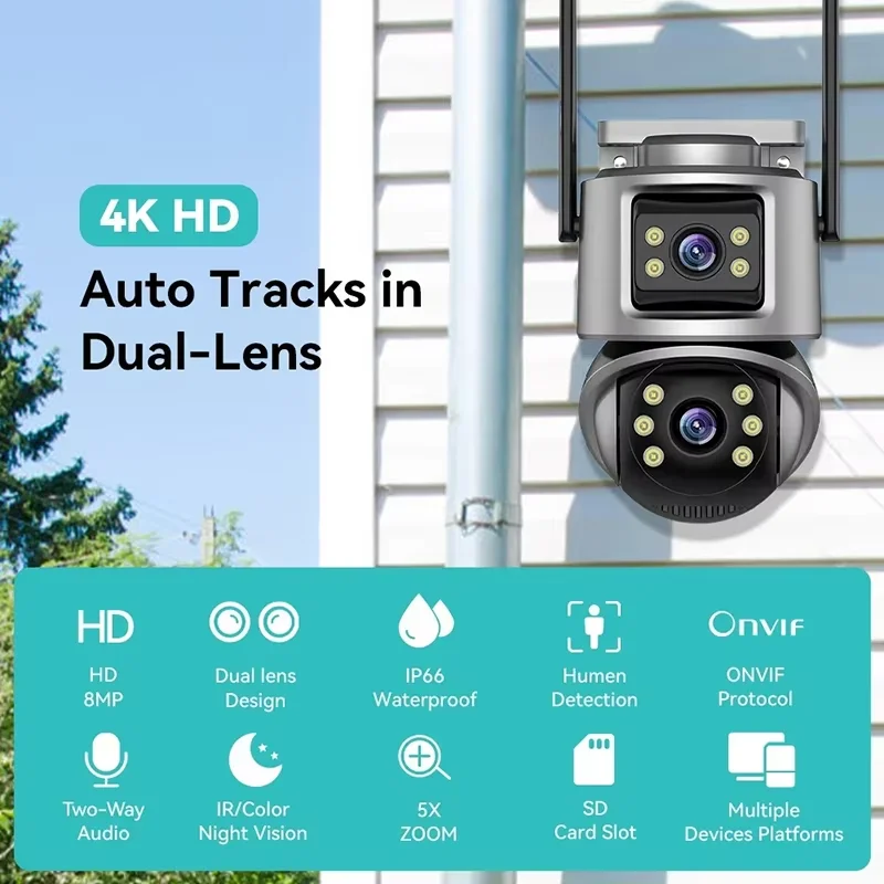 Outdoor PTZ Camera With 4K 8MP HD Wifi IP Camera Dual Screen Auto Tracking Wireless Security Protection CCTV Surveillance iCSee