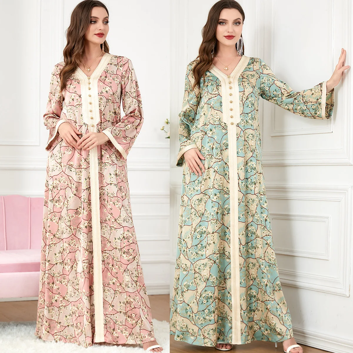 Women Floral Print Abaya Muslim Moroccan Kaftan Long Sleeve Evening Party Abaya Turkey Caftan Islamic Ethnic Clothin