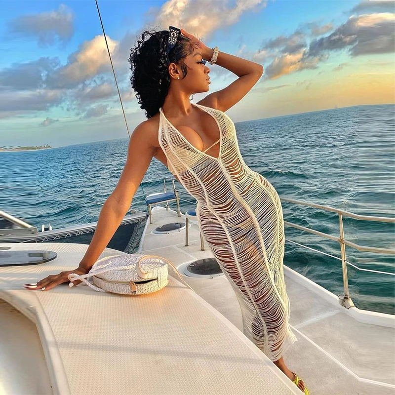 2021 Summer See Through Knit Crochet Dress Halter Plus Size Swimwear Bathing Suit Swimsuit Beach Wear Dress Cover Up