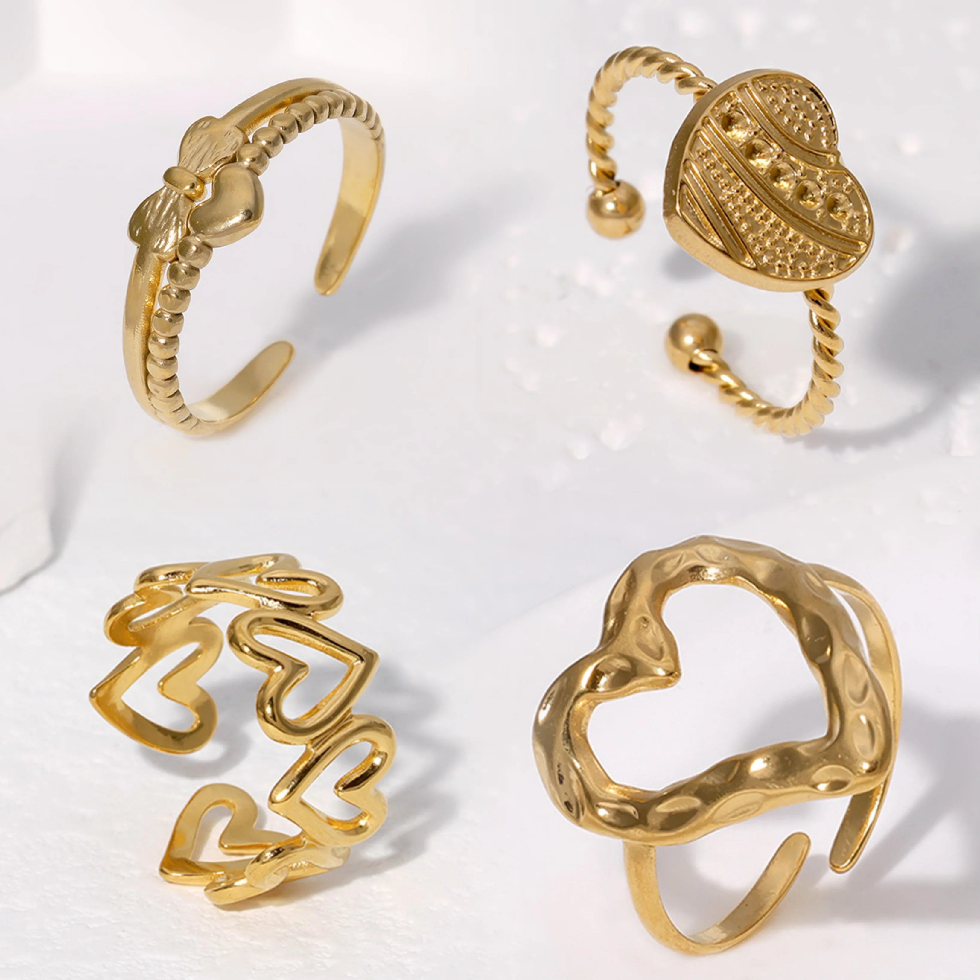 Minimalist 18K Gold Plated Fine Heart Finger Jewellery Stainless Steel Open Ring Set for Women Weddings Engagements Parties
