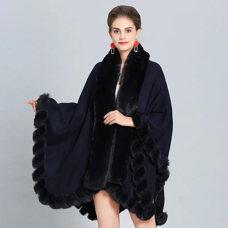 High quality England style wool coat women faux fox fur collar cuff ladies winter loose warm fur poncho