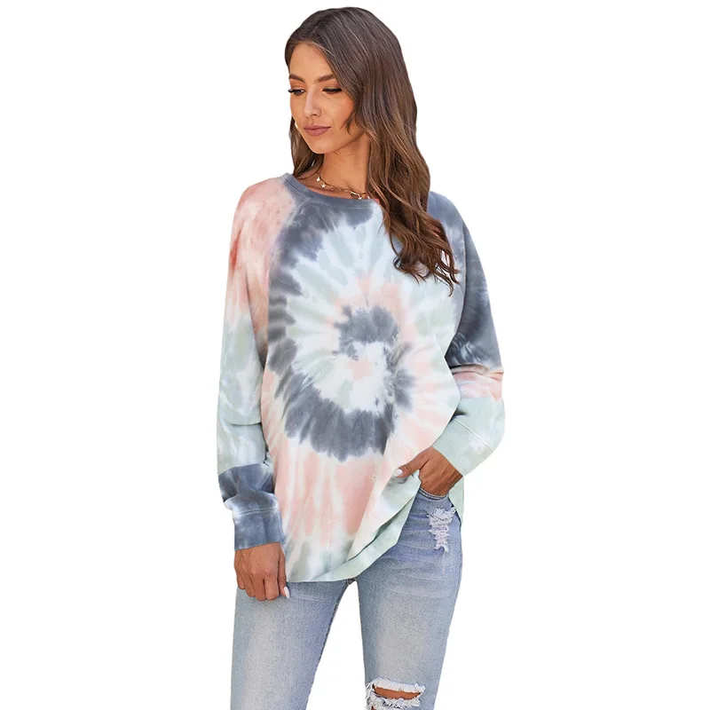 High Quality Long Sleeve Women Hoodie Spring Casual Irregular Round Neck Blouse Womens Tie Dye Sweatshirt