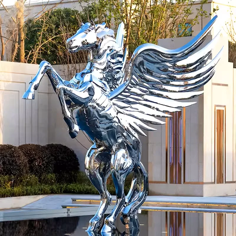 Custom Galloping Animal Polished Stainless Steel Statues Large Metal Garden Statues Life Size Metal Winged Horse Sculptures