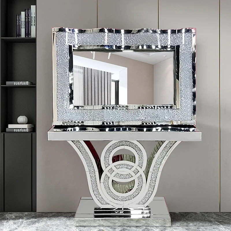espejo decorativo de pared New arrival  Sparkling Mirrored Console Table With Wall Mirror set muebles espejados Crystal Mirror