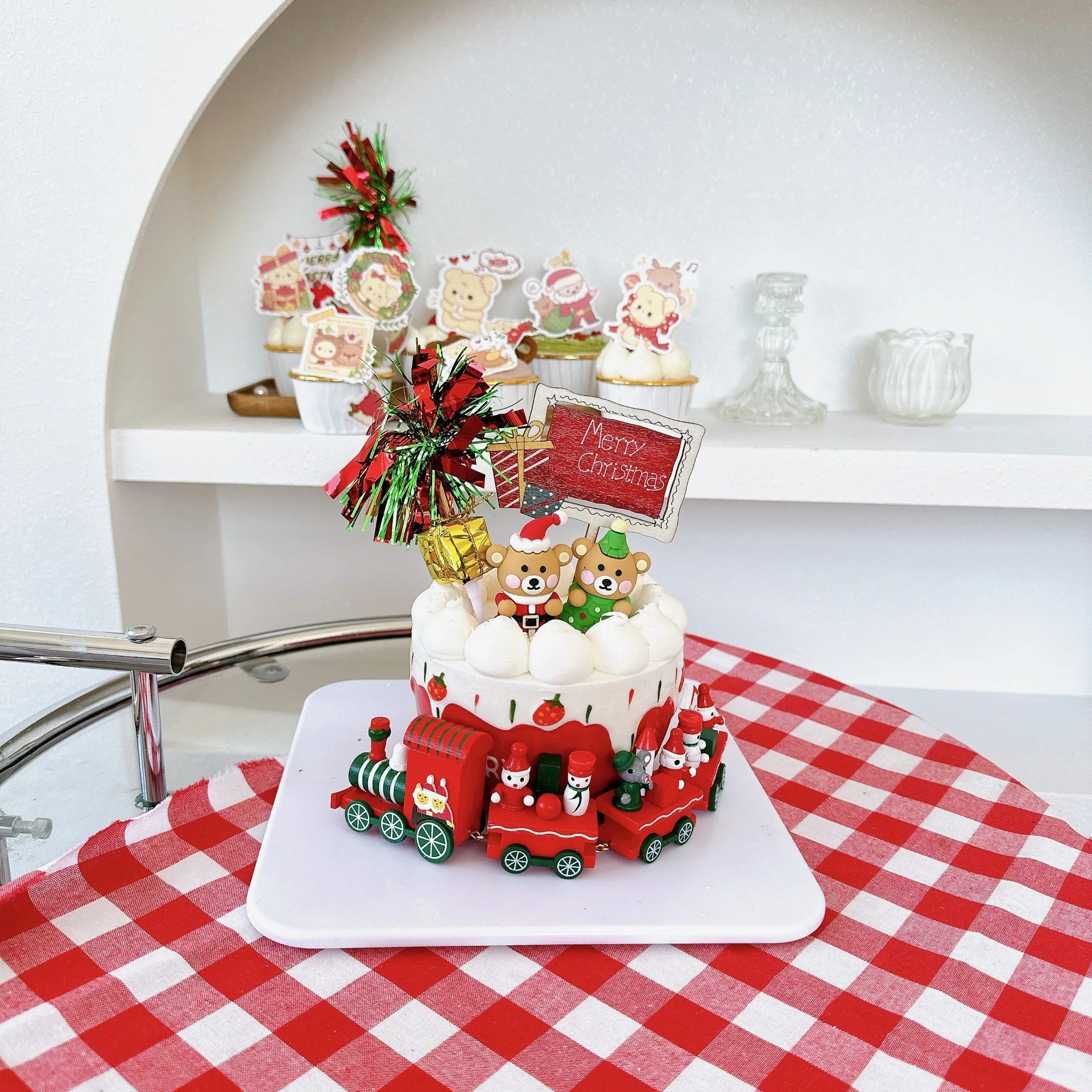 Korean Ins Style Wooden Christmas Cake Decoration Colorful Wholesale Wooden Party Supplies for Festive Cake Display