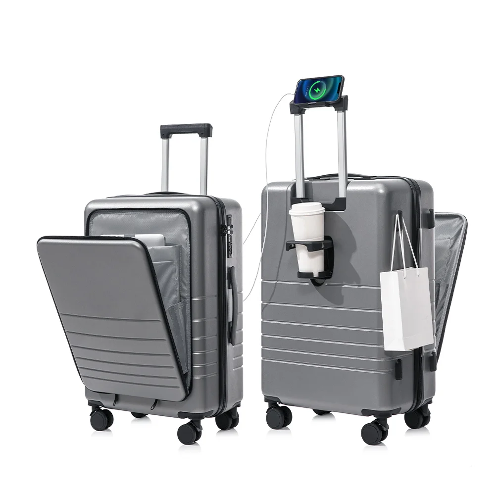 Front Open Luggage Laptop Pocket Business Hardside Suitcase Trolley 4 Spinners Multifunctional Travel Luggage Set