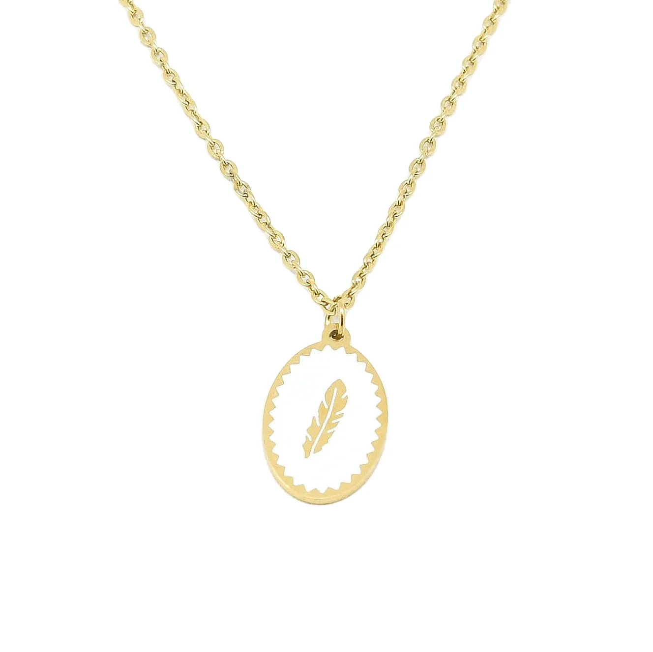 Wholesale feather stamped charm necklace customized stainless steel  necklace 45+5cm  18K gold plated made in China