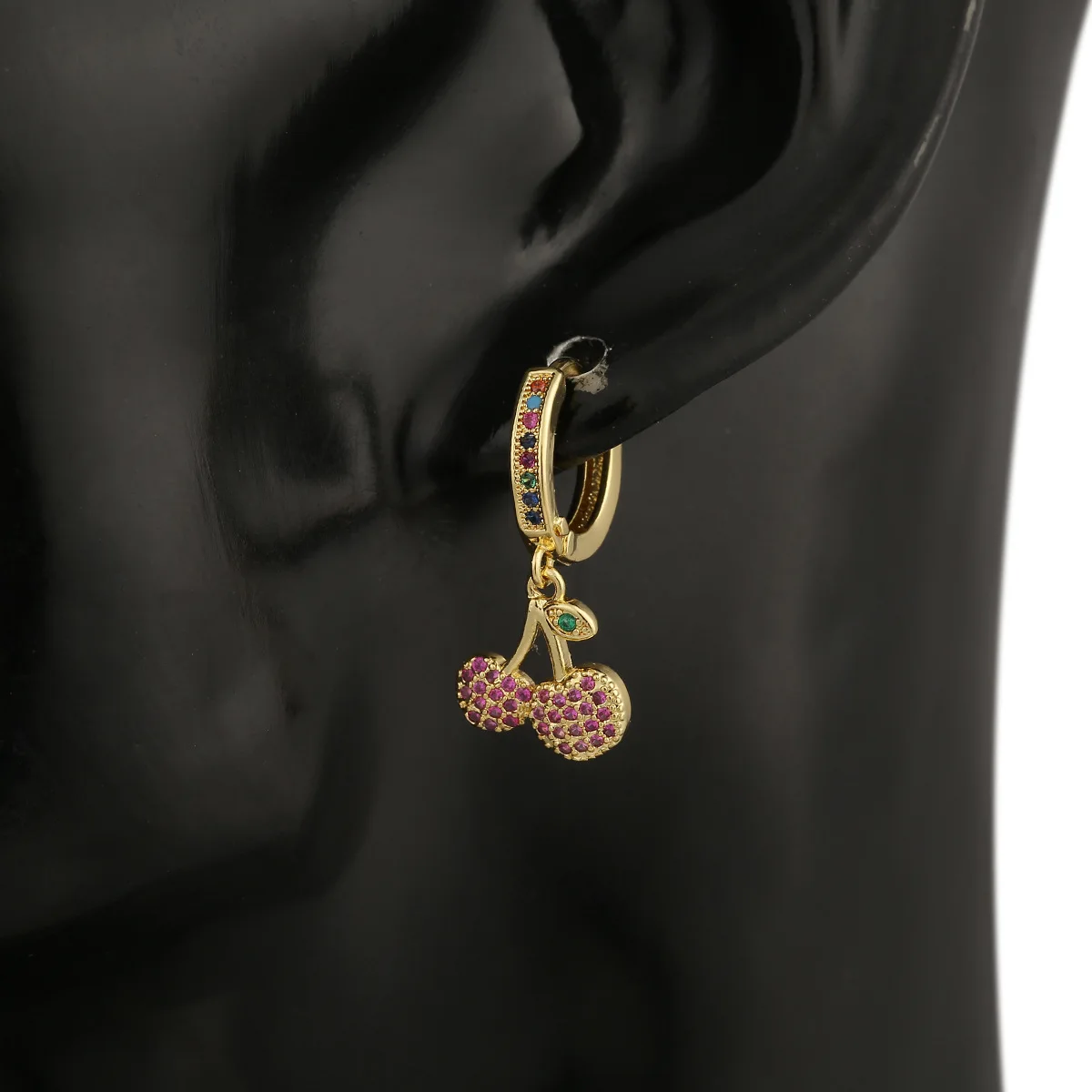 2021 New Hip Hop Jewelry 18k Gold Plated Dangle Earring Ice Out Cz Cubic Zirconia Colorful Cherry Drop Hoop