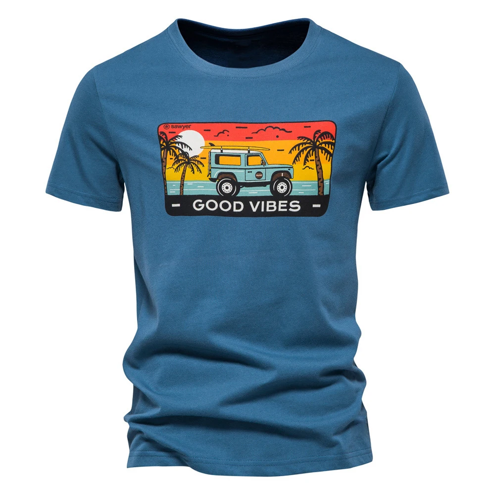 Printed Summer short sleeve loose fit Men Good Vibe Travel Souvenir Beach Scenery Cartoon Car Graphic Tee T-Shirts