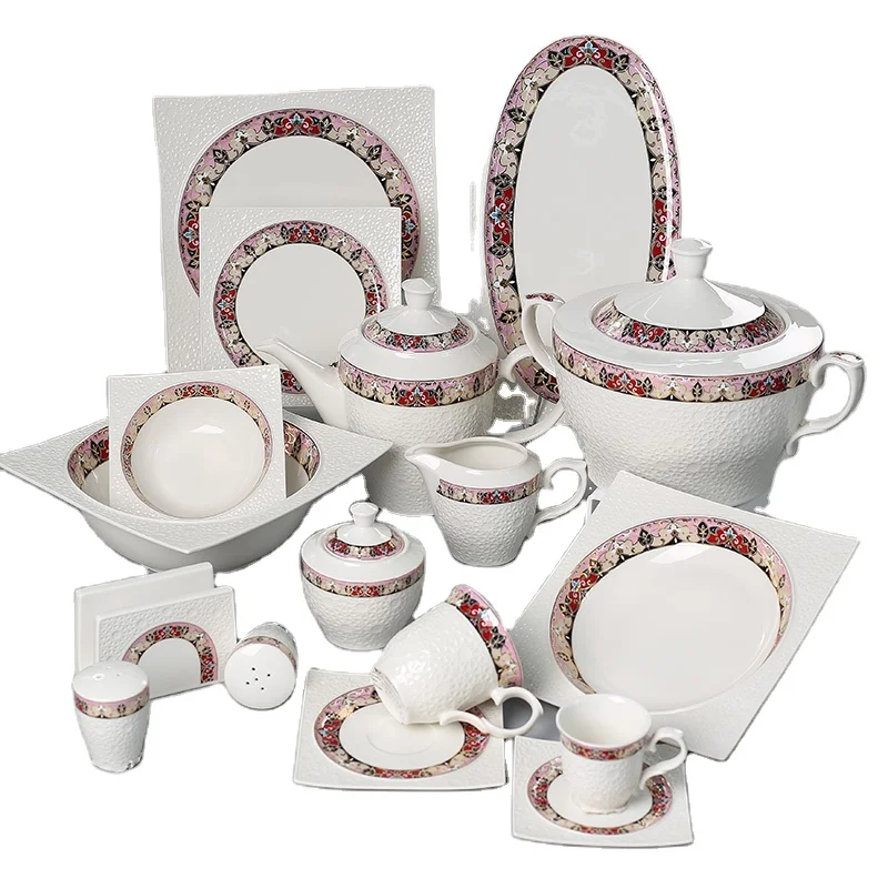 Customized China Market Factory Price Direct Sales Western Style Durable Porcelain Dinnerware Sets Bowl Square Plate Milk Pot