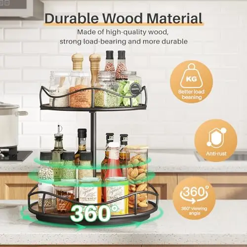 Lazy Susan Organizer Turntable Spice Rack - 2 Tier Wood Rotating Lazy Susan for Cabinet Pantry Kitchen Countertop Dining Table