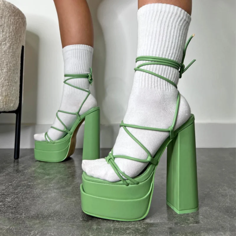 Summer 2022 Trendy Designer Candy Color Ladies Shoes Lace Up Platform Chunky Heel women Sandals