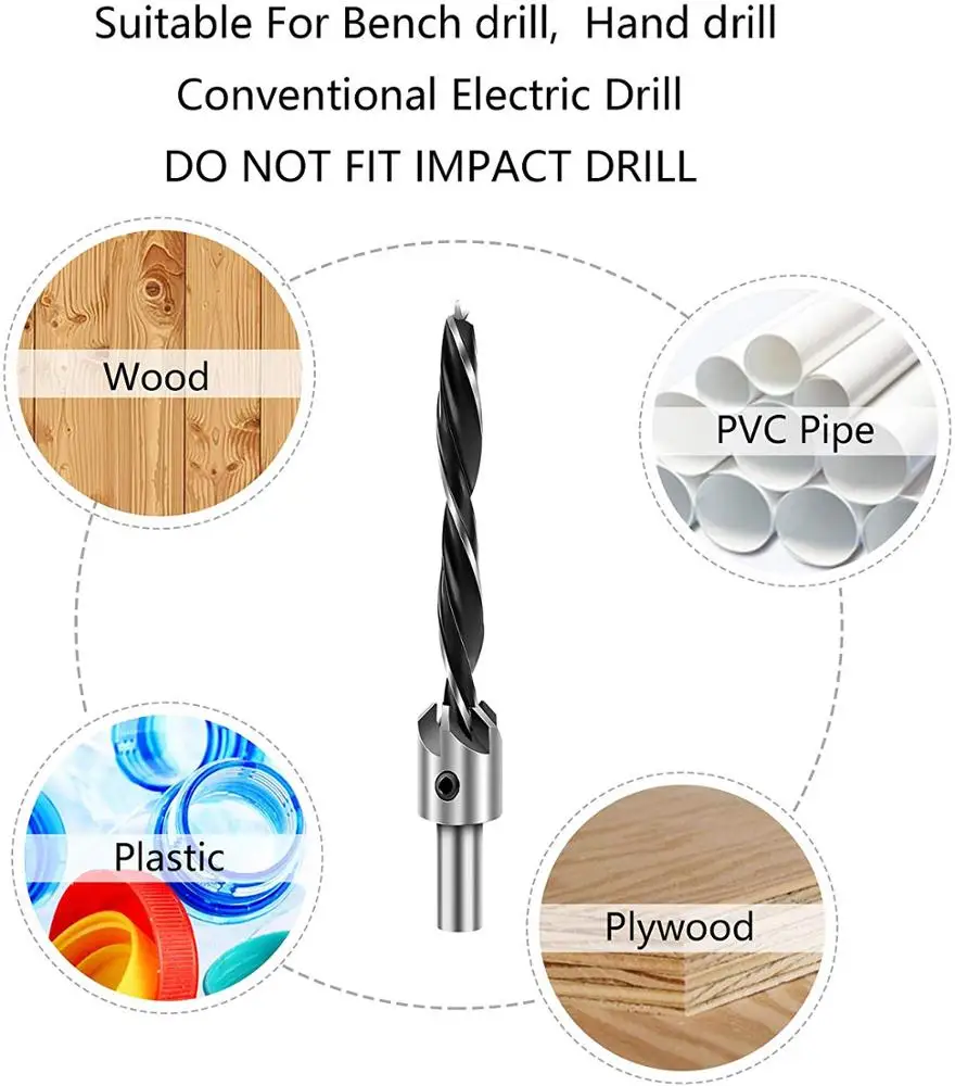 Countersink Drill Bit Set Power Tools Accessories with Hex Key for Plastic, Woodworking Tool by Power Drill (7pcs,3-10mm)