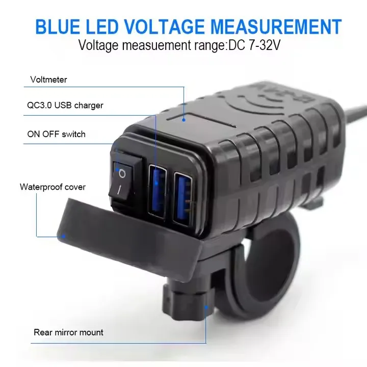 Waterproof Dust Cover Dual USB QC3.0 Fast Charge TPYE-C Motorcycle USB Charger Handlebar Fixing Mobile Phone Car Charger