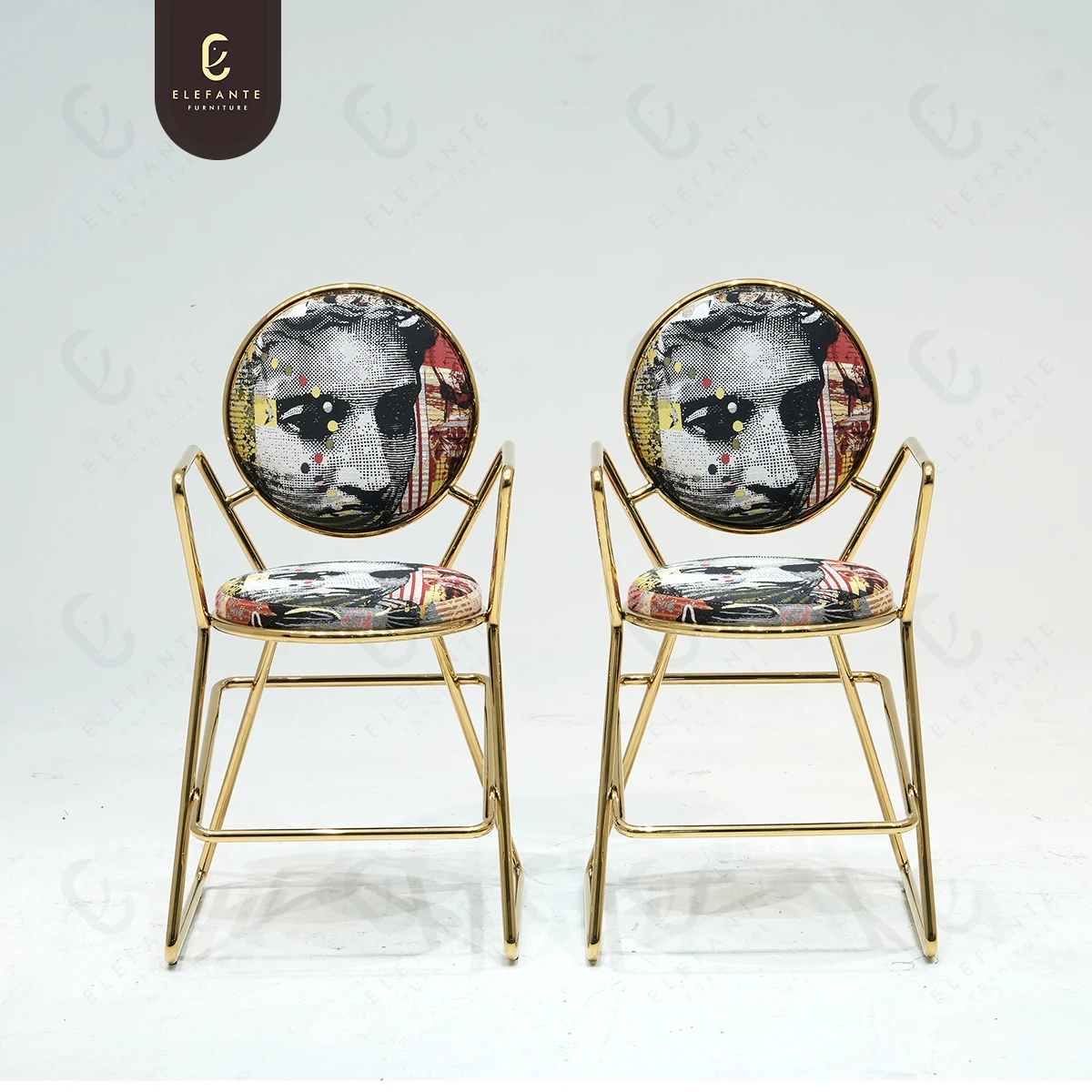 Modern Artistic Stainless Steel Chair Simple Golden Armrest Backrest Barstools with Printed Cushion
