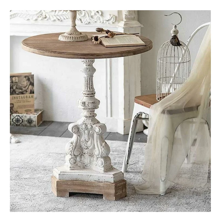 INNOVA small antique carved round coffee table with white leg