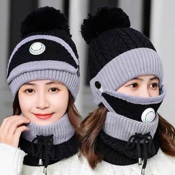 Women Scarf Hat Set Warm Infinity Scarf Pom Pom Beanie Hat Snow Ski Cap Winter Hats with Breather Valve Knitted Keep Warm