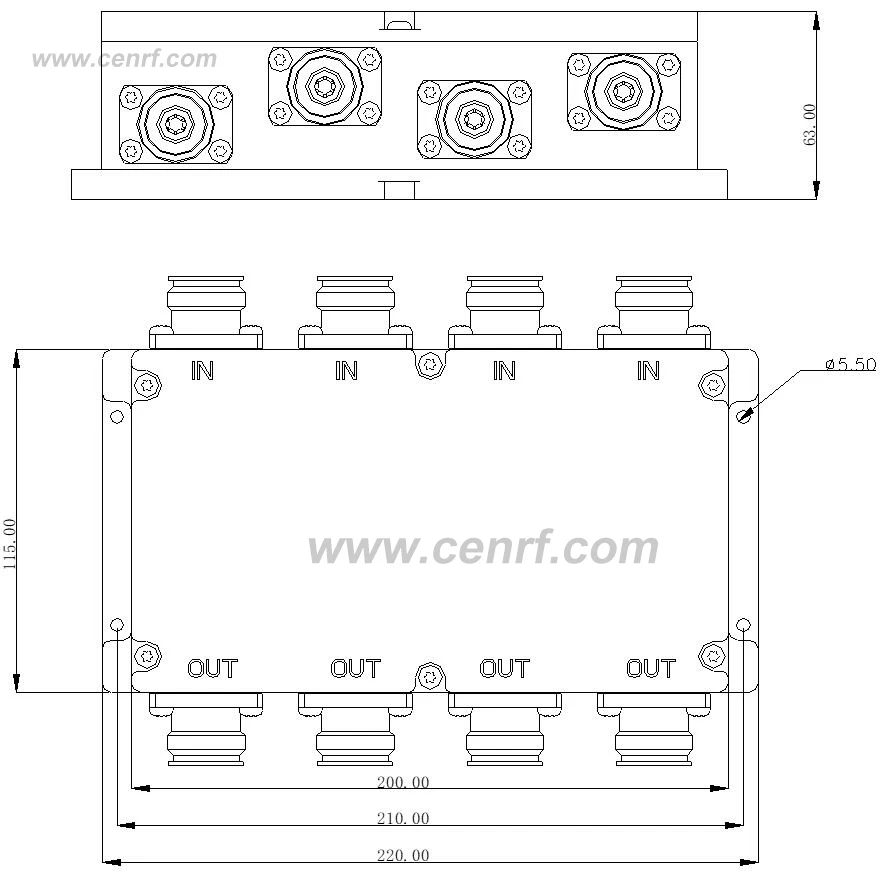698-3800MHz 4G 5G N/4.3-10/DIN Connector 200W 4 in 4 out Triplexer Hybrid Combiner 4x4 Low PIM Hybrid Coupler