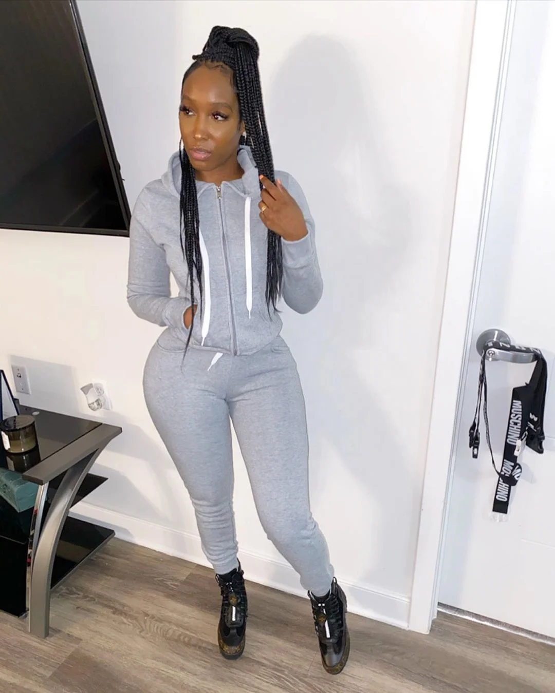 Nice Quality Hooded Ribbed Knit Two Piece Pants Sets Pockets Winter Outfits For Women Wholesale Sweat Suits Apparel Set