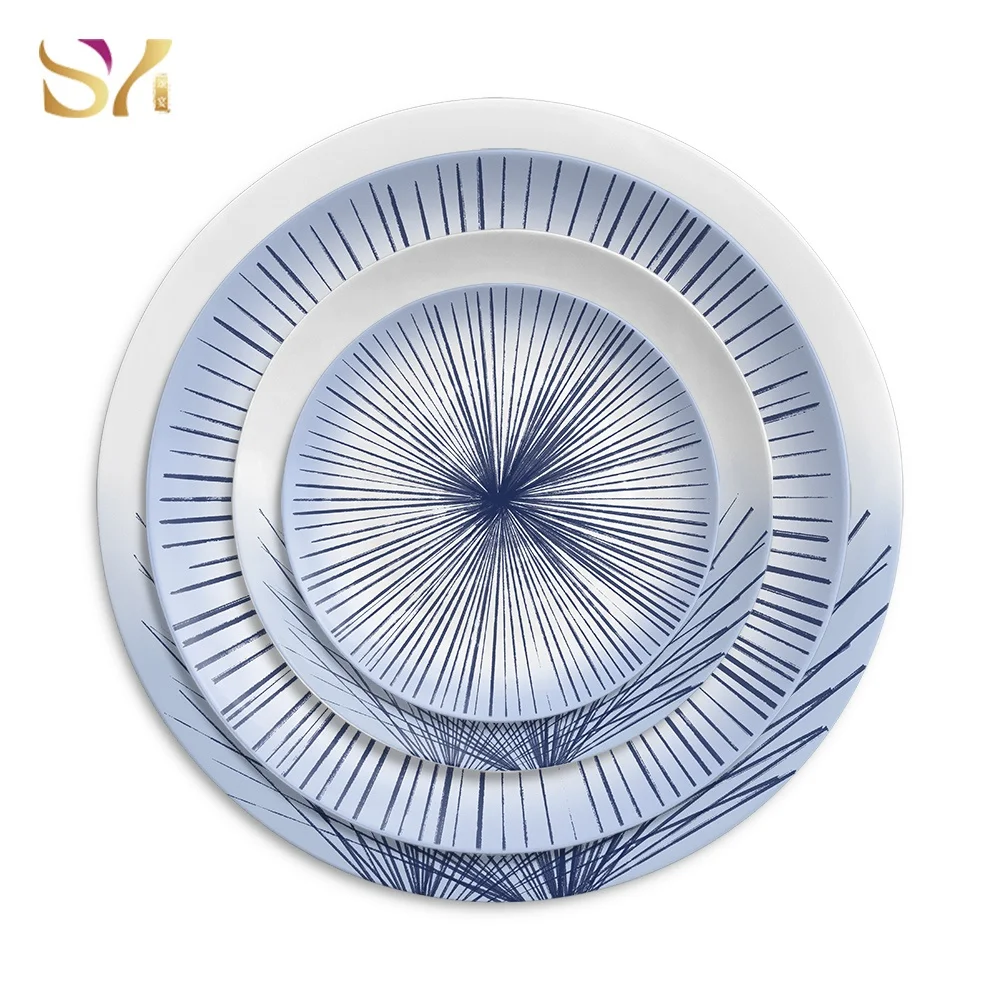 Restaurant gradient blue china dinner plates ceramic rays dinnerware dishes set