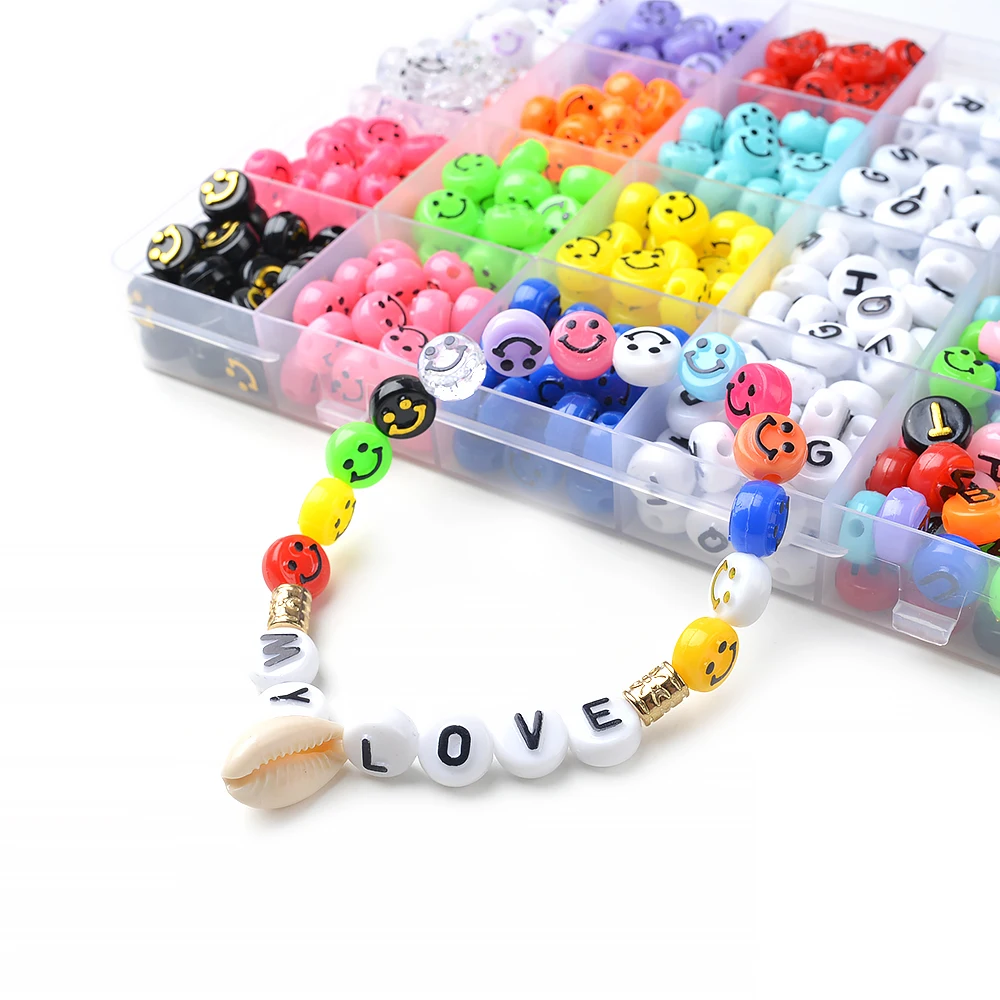 Amazon 24 Slots 600 Pcs Mixed Flat Round Smile Face Beads Acrylic Letter Beads Box Set  For Jewelry Making Alphabet