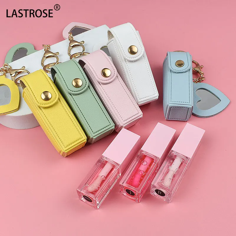 Hot Sell Lipstick holder keychain Mirror PU leather Lip Balm Holder keychain Lipstick Case with Makeup Mirror