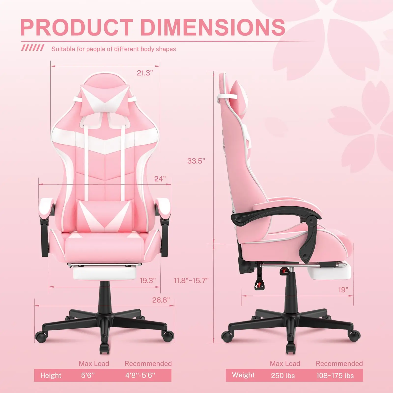 Pink Gaming Chair with Footrest,Lovely Bunny Computer Gamer Chair