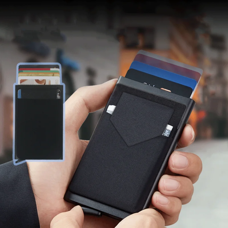 Slim Aluminum Wallet With Elasticity Back Pouch ID Credit Card Holder Mini RFID Wallet Automatic Pop up Bank Card Case Box