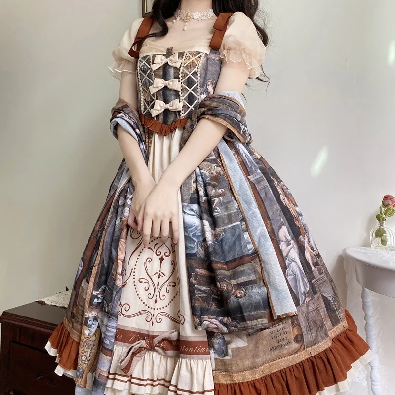 Girls lolita dresses Oil painting print OP lolita cosplay vintage dress fashion elegant lolita dress women