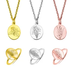 Personalized 18K gold plated 925 sterling silver birth flower engraved pendant necklace for girls