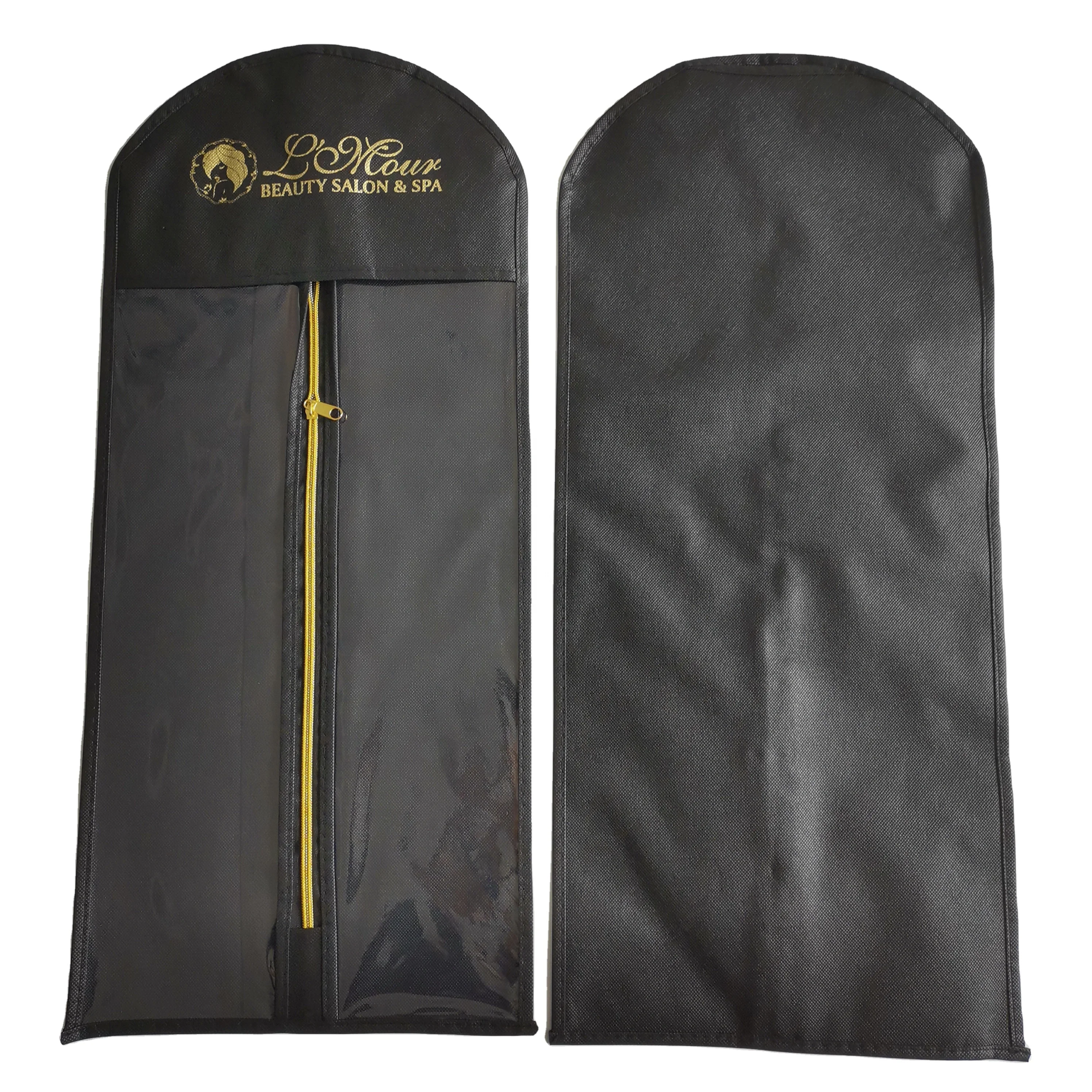 custom logo brand set wooden black clothes hanger Wig storage bag custom wood hair extension hanger