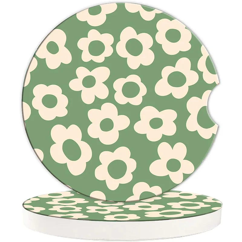 Promotional Set of 2 Ceramic Car Coasters for Cup Holders Round Auto Coaster with a Finger Notch for Drinks