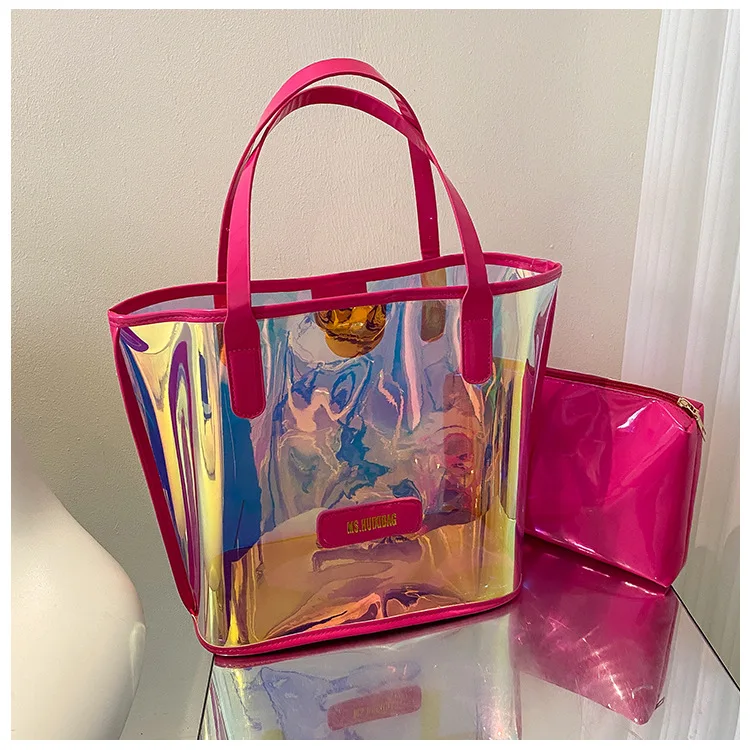 2Pcs in 1 Set Elegant Custom Ladies Shoulder Tote Bag Transparent Beach Holographic PVC Women Jelly Handbag With Small Purse