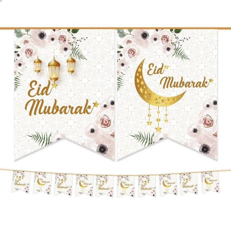 MorSun Eid Mubarak Bunting Banner with Lantern Moon Castle Garland Sign for Ramadan Festival Celebration Party Decorations