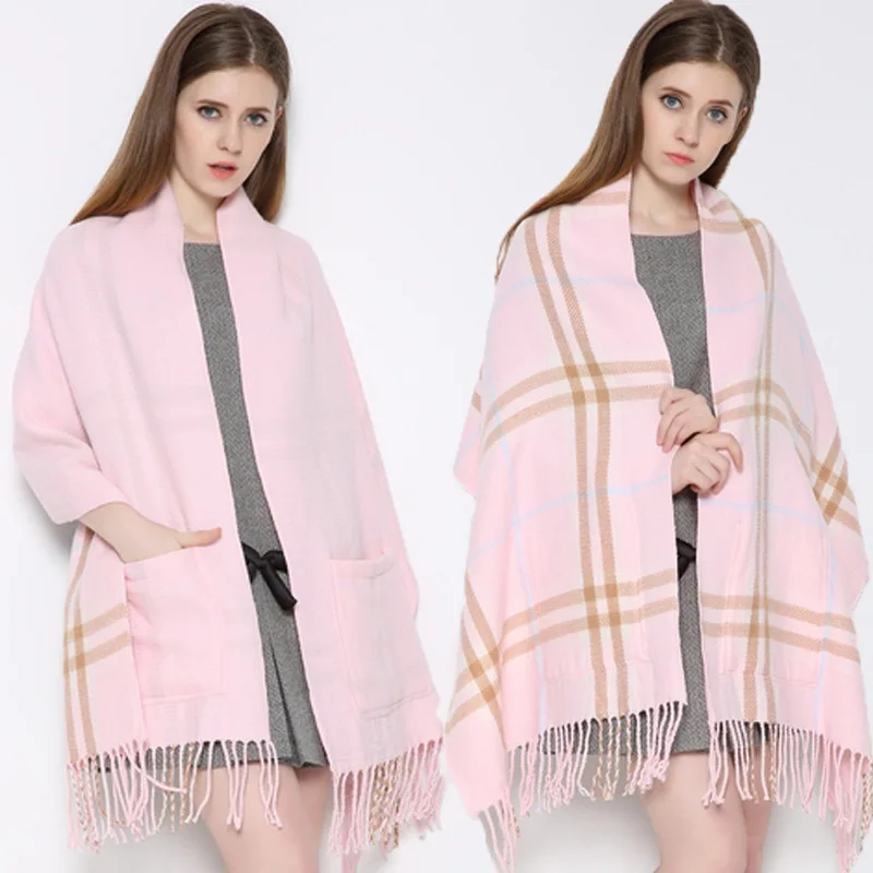 New Luxury Mink Cashmere Pocket Small Lattice Tassel Scarf Winter Warm Cloak Women Poncho Shawl