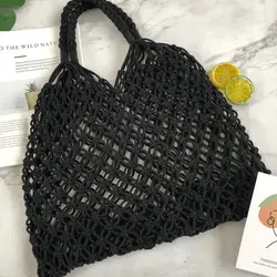 High Quality Knit High Capacity Luxury Hollow out Grid Wholesale Straw Beach Bags Rattan Beach Bag Tote Beach Bag