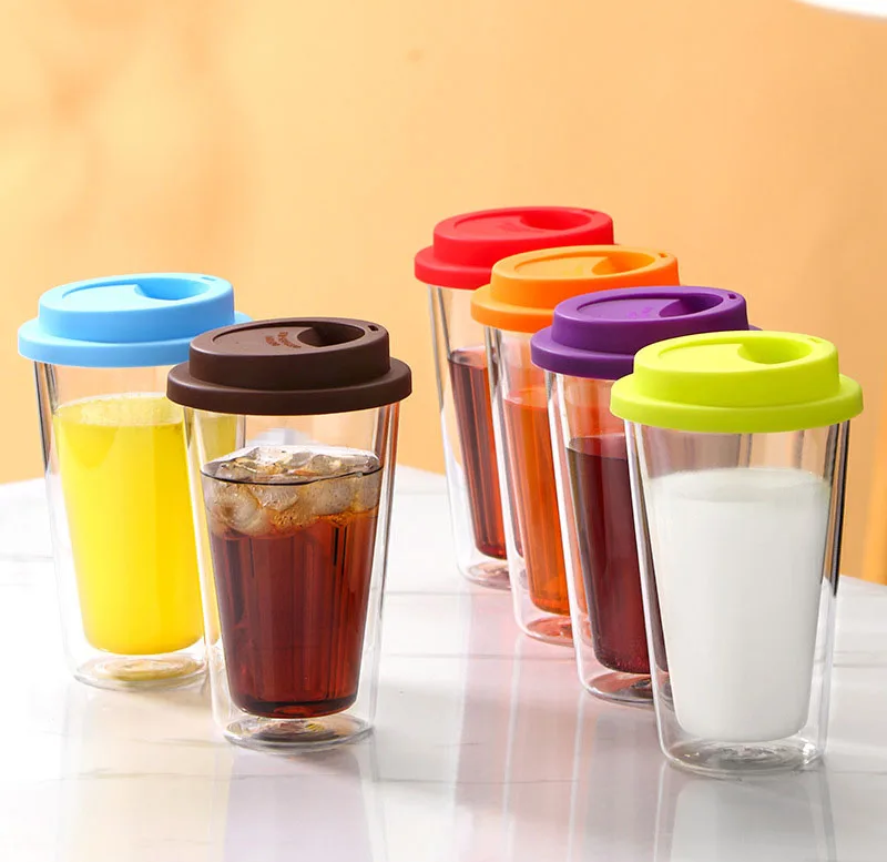 350ml Customized High Quality Handmade Blown Double Wall Glass Insulated Tumbler Glass Cup with Lid for Coffee Jiuce and Water