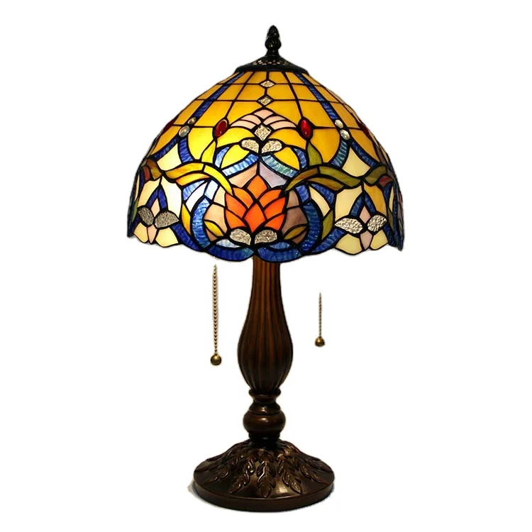 European Mediterranean Tiffany vintage table lamp stained glass flowers painted living room bedroom hotel Handmade desk lamp