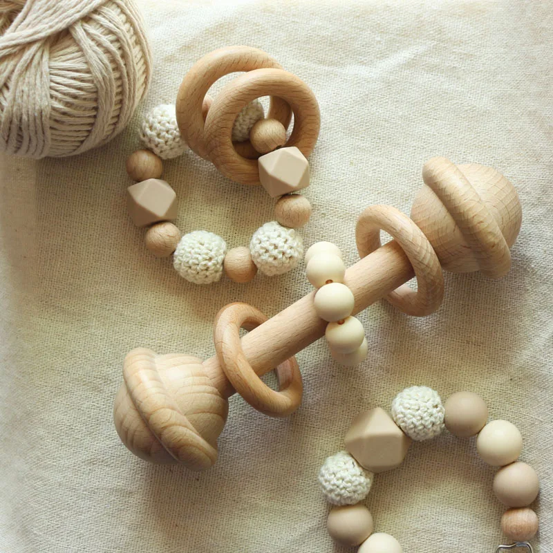 4 Pcs Set Baby Gift  Toy Cute Animal Lion Crochet Rattle Wood Dummy Clip Pacifier Chain Silicone Wooden Teether Baby Toy Set