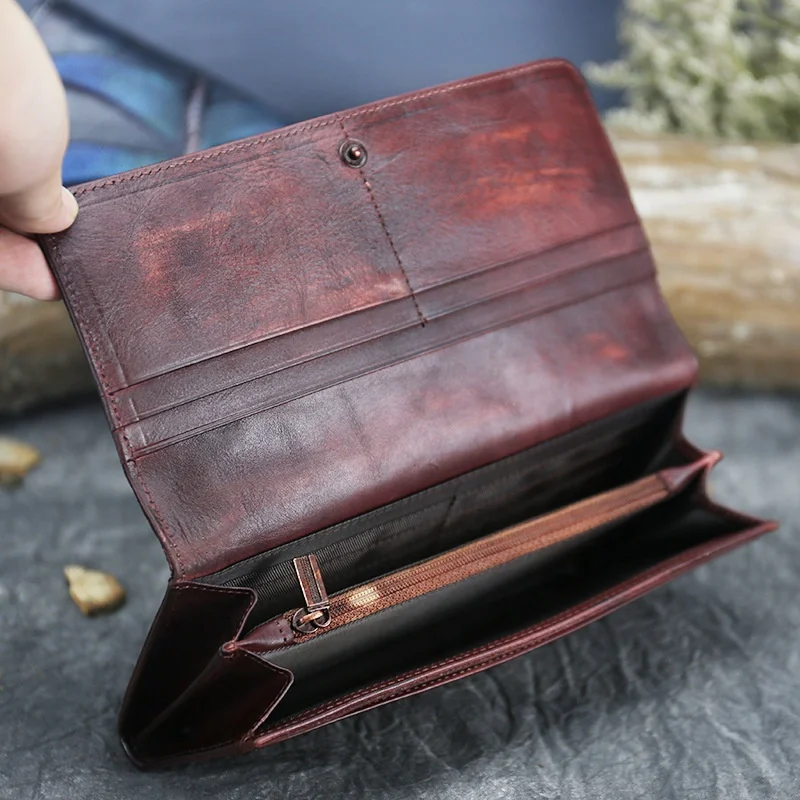 
2021 New Arrivals Manual Retro Long Woman Wallets Bifold Wallet Leather Genuine Cow Leather Female Purse Ethnic Style Clutch Bag 