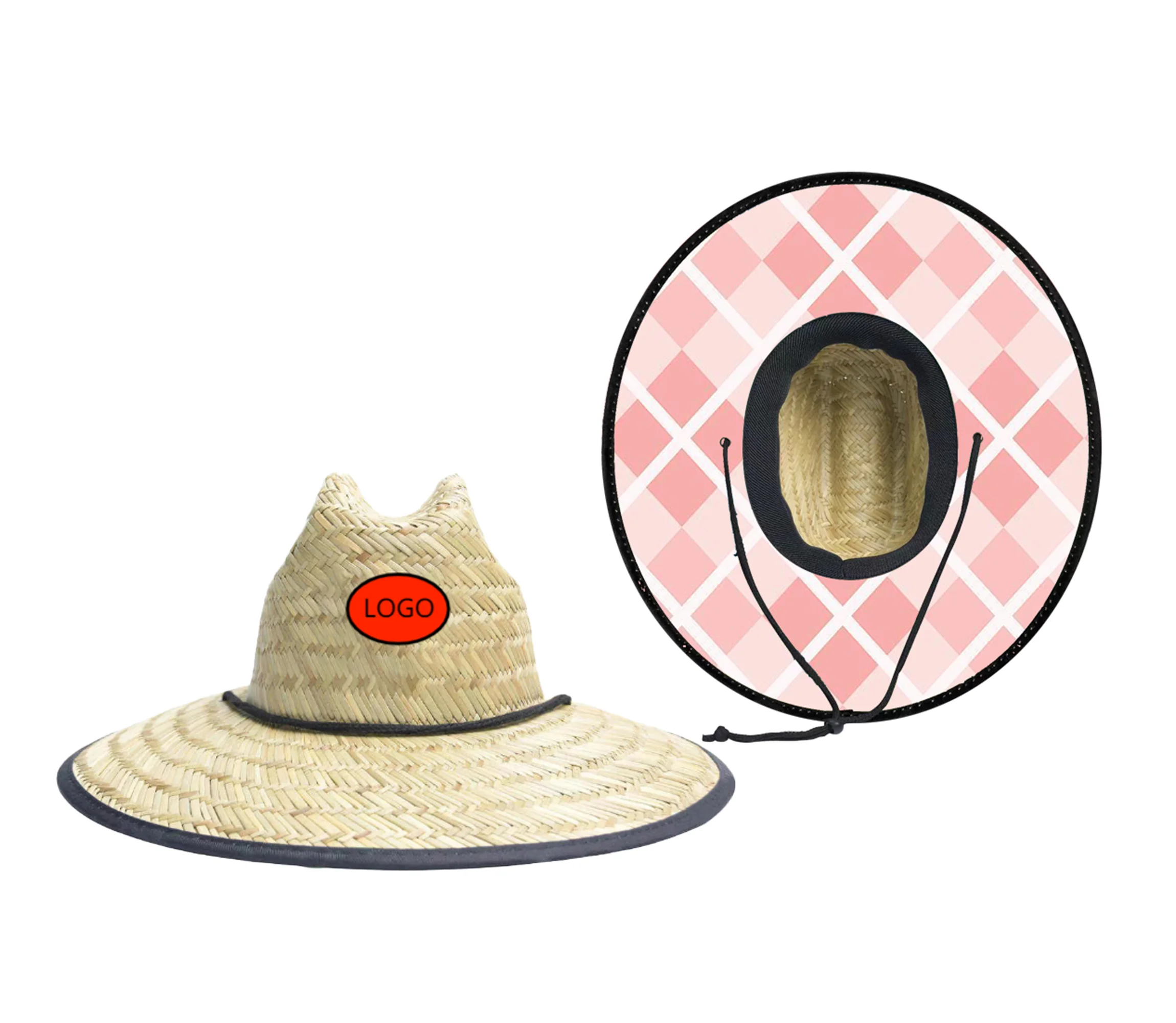 Custom Natural Grass Checkered Racing Flag Uv Protection Kid Lifeguard Safari Surfing Beach Children Straw Hat