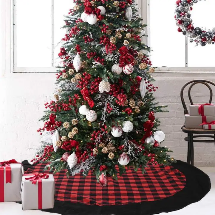 Клетчатая ткань 120 см, юбка в виде дерева, красно-черная клетчатая фланелевая юбка в виде елки, украшение для рождественской елки
