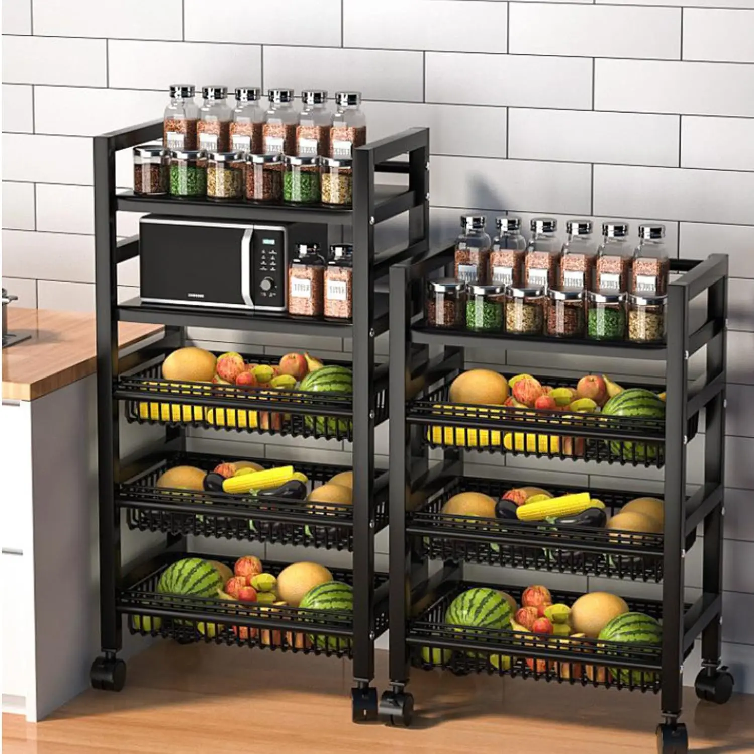 5 Tire Multi-layer Kitchen Storage Shelf Fruit Vegetable Basket Storage Cart with Wheels Rolling Stand Rack Metal Multifunction