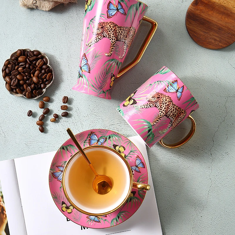 Jungle Cheetah Bone China Coffee Cup Sets European-style Luxury Ceramic Mugs Large Capacity Water Cups With Exquisite Gift Box